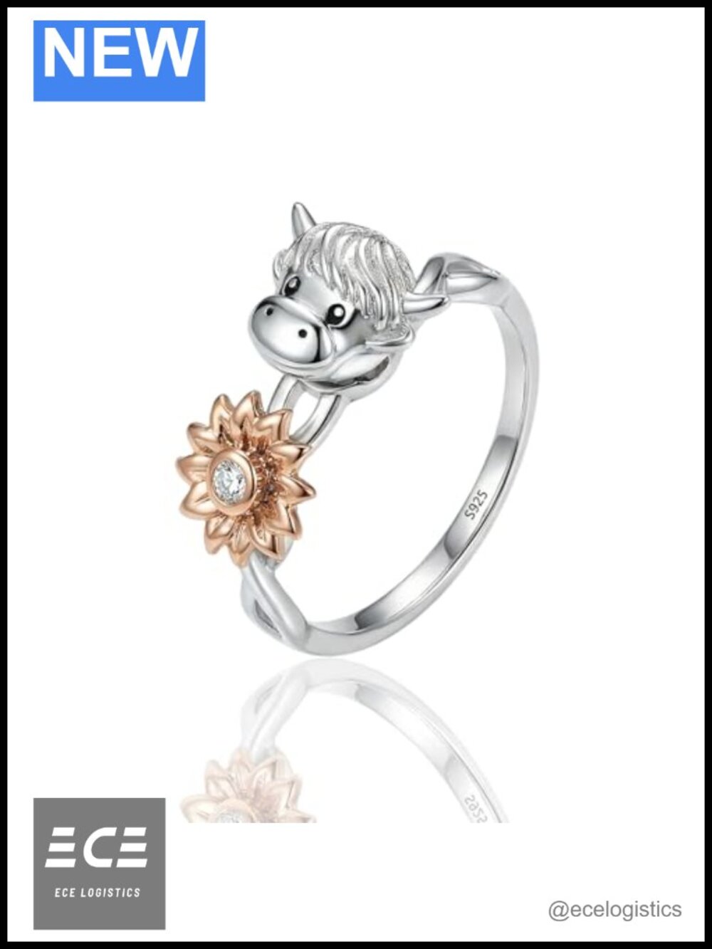 S925 Sterling Silver Highland Cow Ring Adjustable Sunflower Jewelry Gift
